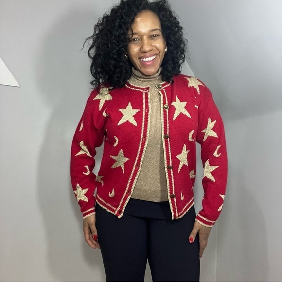 Vintage Americana Red Stars Sweater Patriotic Knit Cardigan Glitter Festive July - Picture 8 of 14
